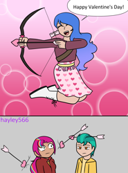 Size: 1734x2348 | Tagged: safe, artist:hayley566, imported from derpibooru, hitch trailblazer, izzy moonbow, sunny starscout, human, 2 panel comic, arrow, belt, boots, bow (weapon), bow and arrow, clothes, comic, commission, cupid, eyes closed, female, g5, heart, hearts and hooves day, high res, holiday, hoodie, humanized, jacket, light skin, male, open mouth, quiver, scared, shipper on deck, shipping, shirt, shoes, skirt, straight, sunnyhitch, tan skin, trio, unamused, valentine's day, wall, weapon