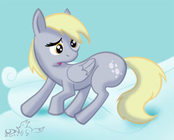 Size: 1000x802 | Tagged: safe, artist:udn-renard, imported from derpibooru, derpy hooves, pegasus, pony, bubble butt, butt, cloud, female, looking back, mare, on a cloud, open mouth, plot, signature, solo, standing