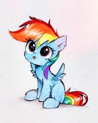 Size: 1565x1959 | Tagged: safe, artist:liaaqila, imported from derpibooru, rainbow dash, pegasus, pony, :p, blank flank, cute, dashabetes, female, filly, filly rainbow dash, foal, liaaqila is trying to murder us, liaaqila is trying to murder us with dashabetes, simple background, sitting, solo, tongue out, traditional art, white background, younger