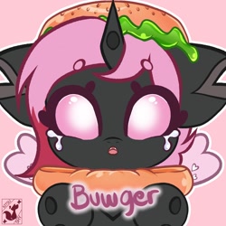 Size: 1500x1500 | Tagged: safe, artist:kitsumebutterfly, imported from derpibooru, oc, oc:heartstring fiddler, changeling, burger, commission, crying, food, heart wings, pink changeling, ych result