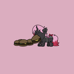 Size: 1920x1920 | Tagged: safe, artist:nadaburner, imported from derpibooru, oc, oc:heartstring fiddler, changeling, burger, commission, eating, food, heart wings, pink background, pink changeling, simple background, ych result