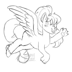 Size: 1024x1024 | Tagged: safe, artist:mysthooves, imported from derpibooru, oc, oc only, hybrid, pegasus, pony, 2020, ear fluff, female, flying, grayscale, grin, mare, monochrome, paw pads, paws, raised paw, simple background, smiling, solo, spread wings, white background, wings