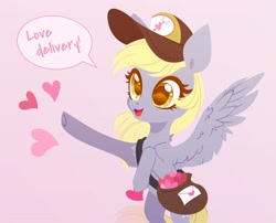Size: 3000x2426 | Tagged: safe, artist:belka-sempai, imported from derpibooru, derpy hooves, pegasus, pony, bag, baseball cap, cap, chest fluff, cute, derpabetes, envelope, equestria's best mailmare, featured image, female, gray background, hat, heart, high res, holiday, hoof heart, mailbag, mare, open mouth, open smile, raised hoof, rearing, simple background, smiling, solo, speech bubble, spread wings, sweet dreams fuel, three quarter view, underhoof, valentine, valentine's day, wings