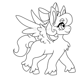 Size: 1285x1285 | Tagged: safe, artist:xwildwhirlx, imported from derpibooru, oc, oc only, oc:chipper mint, pegasus, pony, bow, chest fluff, hair bow, lineart, monochrome, simple background, solo, spread wings, unshorn fetlocks, white background, wings
