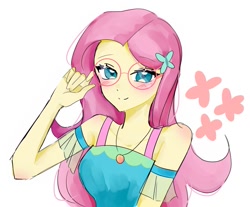 Size: 937x776 | Tagged: safe, artist:rainn__1026, imported from derpibooru, fluttershy, human, equestria girls, blushing, cute, female, glasses, looking at you, meganekko, shyabetes, simple background, smiling, solo, white background