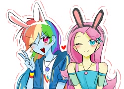 Size: 1147x826 | Tagged: safe, artist:rainn__1026, imported from derpibooru, fluttershy, rainbow dash, human, equestria girls, blushing, bunny ears, duo, duo female, eyebrows, eyebrows visible through hair, female, flutterdash, heart, lesbian, looking at you, one eye closed, open mouth, open smile, peace sign, shipping, simple background, smiling, white background, wink, winking at you