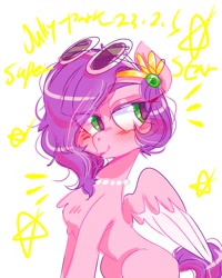 Size: 1080x1350 | Tagged: safe, artist:jully-park, imported from derpibooru, pipp petals, pegasus, pony, adorapipp, cute, digital art, female, g5, jewelry, mare, necklace, simple background, skinny pipp, slim, solo, sunglasses, thin, white background