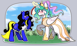 Size: 2140x1300 | Tagged: safe, artist:tresmariasarts, imported from derpibooru, princess celestia, oc, oc:destiny light, alicorn, pony, unicorn, clothes, commission, couple, dress, duo, duo female, female, flower, holiday, lesbian, love, mare, pony oc, queen celestia, valentine's day, ych result