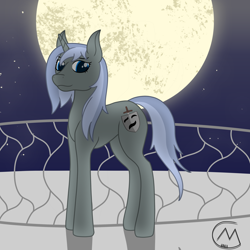 Size: 3200x3200 | Tagged: safe, artist:maître cervidé, imported from derpibooru, oc, oc only, oc:amygdale, pony, unicorn, balcony, female, high res, horn, looking at you, mare, moon, night, request, shading, signature, smiling, smiling at you, solo, stars, unicorn oc