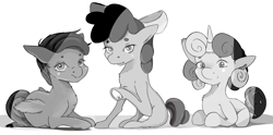 Size: 4352x2160 | Tagged: safe, imported from derpibooru, apple bloom, scootaloo, sweetie belle, horse, cutie mark crusaders, female, monochrome, simple background, white background