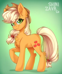 Size: 685x828 | Tagged: safe, artist:shinizavr, imported from derpibooru, applejack, earth pony, pony, cute, eye clipping through hair, eyebrows, eyebrows visible through hair, female, gradient background, jackabetes, looking at you, mare, smiling, solo