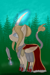 Size: 3600x5400 | Tagged: safe, artist:thecommandermiky, imported from derpibooru, oc, oc only, oc:artura, alicorn, pony, alicorn oc, armor, armored pony, cape, clothes, cloven hooves, female, glowing, glowing horn, horn, knight, leonine tail, magic, magic aura, mare, pony oc, queen, solo, somber, sword, telekinesis, weapon, wings