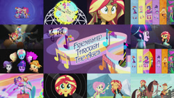 Size: 1280x721 | Tagged: safe, editor:quoterific, imported from derpibooru, applejack, fluttershy, pinkie pie, rainbow dash, rarity, sunset shimmer, twilight sparkle, horse, human, equestria girls, friendship through the ages, country applejack, folk fluttershy, new wave pinkie, pianist twilight, rainbow punk, sgt. rarity