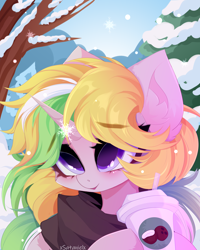 Size: 4000x5000 | Tagged: safe, artist:xsatanielx, imported from derpibooru, oc, oc only, pony, unicorn, clothes, commission, ear fluff, female, scarf, snow, snowfall, tree