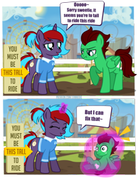 Size: 776x1000 | Tagged: safe, artist:jennieoo, imported from derpibooru, oc, oc only, oc:charming dazz, oc:northern haste, pegasus, pony, unicorn, age regression, amusement park, comic, dialogue, female, fence, filly, foal, gift art, glowing, glowing horn, group, horn, magic, magic aura, magic regression, male, mare, patreon, patreon reward, pegasus oc, ponytail, present, regression, sign, speech bubble, stallion, unicorn oc, vector, younger