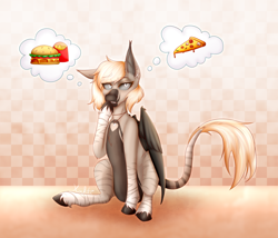 Size: 4000x3425 | Tagged: safe, artist:_xochiti_, imported from derpibooru, oc, oc only, oc:devilvoice, bat pony, pony, bat pony oc, belly, burger, coat markings, dark belly, female, food, leonine tail, partially open wings, pizza, solo, tail, thinking, thought bubble, wings