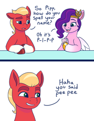 Size: 1059x1365 | Tagged: safe, artist:malarkey, imported from derpibooru, pipp petals, sprout cloverleaf, earth pony, pegasus, pony, 2 panel comic, cellphone, coat markings, comic, cringe comedy, dialogue, duo, epic fail, fail, female, g5, joke, male, mare, open mouth, open smile, peepee, phone, simple background, smartphone, smiling, socks (coat markings), spelling, stallion, text, unshorn fetlocks, white background