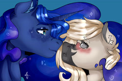 Size: 4500x3000 | Tagged: safe, artist:tina-art, imported from derpibooru, princess luna, oc, oc:devilvoice, alicorn, bat pony, pony, bat pony oc, blushing, boop, duo, female