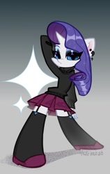Size: 831x1315 | Tagged: safe, artist:rrd-artist, imported from derpibooru, rarity, semi-anthro, unicorn, bipedal, boots, clothes, ear piercing, eyeshadow, looking at you, makeup, piercing, pose, shoes, skirt, solo, sweater