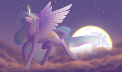 Size: 8500x5000 | Tagged: safe, artist:snailswails, imported from derpibooru, princess celestia, alicorn, pony, absurd resolution, cloud, cloudy, female, mare, mare in the moon, missing accessory, moon, night, sky, spread wings, wings