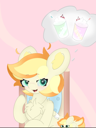 Size: 1080x1440 | Tagged: safe, artist:sodapop sprays, imported from derpibooru, oc, oc:bricc, oc:sodapop sprays, pegasus, pony, bricc, chest fluff, ear fluff, female, mare, milkshake, sitting, thinking