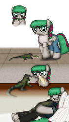 Size: 1920x3413 | Tagged: safe, artist:99999999000, imported from derpibooru, oc, oc only, oc:li anna, iguana, lizard, pegasus, pony, banana, clothes, female, filly, foal, food, glasses, pegasus oc, pet, vegetables