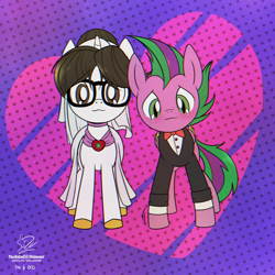Size: 5000x5000 | Tagged: safe, artist:theratedrshimmer, imported from derpibooru, raven, spike, pegasus, pony, unicorn, a pony named spike, bride, commission, cute, female, groom, male, mare, ponified, ponified spike, ravenspike, shipping, species swap, stallion, straight, ych result, your character here
