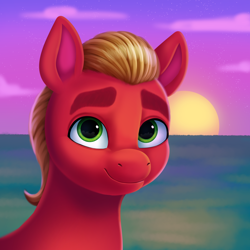 Size: 3000x3000 | Tagged: safe, artist:malarkey, imported from derpibooru, sprout cloverleaf, earth pony, pony, cute, g5, lineless, looking at you, male, smiling, solo, sproutbetes, stallion, sun