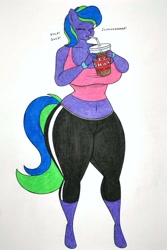 Size: 2343x3505 | Tagged: safe, artist:thaliaglacyswells, imported from derpibooru, oc, oc only, oc:felicity stars, anthro, pegasus, series:mega shake, breasts, clothes, drinking, female, imminent inflation, milkshake, pants, pegasus oc, simple background, solo, traditional art, white background, yoga pants