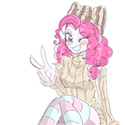 Size: 999x1000 | Tagged: safe, artist:rbap, imported from derpibooru, pinkie pie, human, equestria girls, blushing, clothes, kneesocks, one eye closed, peace sign, simple background, sitting, smiling, socks, striped socks, thigh highs, white background, wink