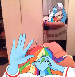 Size: 812x833 | Tagged: safe, artist:rainn__1026, imported from derpibooru, rainbow dash, human, equestria girls, bed, eyes closed, foot hold, lying down, mirror, smiling, solo, tablet
