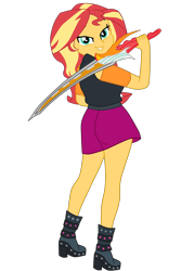 Size: 1900x2850 | Tagged: safe, artist:gmaplay, imported from derpibooru, sunset shimmer, human, equestria girls, boots, bunset shimmer, butt, clothes, female, gloves, legs, looking back, motorcross, shoes, simple background, skirt, solo, sword, transparent background, weapon
