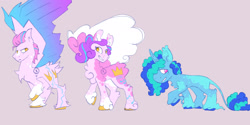 Size: 2048x1024 | Tagged: safe, artist:mar-im-o, imported from derpibooru, pipp petals, zipp storm, pegasus, pony, unicorn, alternate design, butt fluff, chest fluff, g5, leonine tail, misty brightdawn, redesign, tail