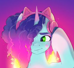 Size: 1801x1645 | Tagged: safe, artist:aztrial, imported from derpibooru, pony, unicorn, spoiler:g5, alternate mane color, cornrows, facial markings, freckles, g5, headphones, misty brightdawn, simple background, solo, unshorn fetlocks