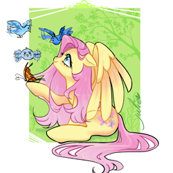 Size: 1600x1600 | Tagged: source needed, safe, artist:julieee3e, imported from derpibooru, fluttershy, bird, butterfly, pegasus, pony, animal, butterfly on hoof, cute, female, floppy ears, looking at someone, looking up, mare, partial background, partially open wings, profile, raised hoof, sitting, smiling, solo, wings