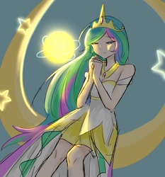 Size: 1246x1335 | Tagged: safe, artist:rainn__1026, imported from derpibooru, princess celestia, human, clothes, crown, dress, eyes closed, female, hands together, humanized, jewelry, light skin, regalia, smiling, solo, stars