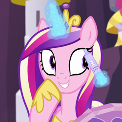 Size: 600x600 | Tagged: safe, edit, edited screencap, imported from derpibooru, screencap, princess cadance, alicorn, pony, once upon a zeppelin, season 7, cropped, crown, female, glowing, glowing horn, grin, hoof on cheek, hoof shoes, horn, implied pregnancy, jewelry, magic, magic aura, mare, peytral, pregnancy test, pregnancy test meme, regalia, smiling, solo, telekinesis, tiara