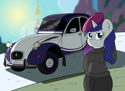 Size: 3509x2550 | Tagged: safe, artist:sparkfler85, derpibooru exclusive, imported from derpibooru, rarity, anthro, unicorn, alternate hairstyle, beatnik rarity, bedroom eyes, beret, breasts, canterlot castle, car, citroën, citroën 2cv, clothes, hat, no tail, pants, solo, sweater, vehicle