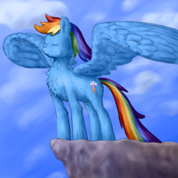 Size: 2160x2160 | Tagged: safe, alternate version, artist:callichrome, imported from derpibooru, rainbow dash, pegasus, pony, chest fluff, eyes closed, female, majestic, mare, peaceful, spread wings, wind, wings