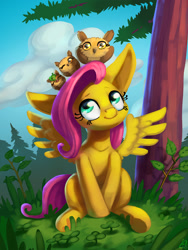 Size: 1200x1600 | Tagged: safe, artist:lexx2dot0, imported from derpibooru, fluttershy, bird, owl, pegasus, pony, big ears, clover, cyan eyes, day, daytime, female, fir tree, grass, happy, looking at someone, looking up, mare, outdoors, pink mane, sitting, sitting on head, sky, smiling, solo, spread wings, tree, wings, yellow skin