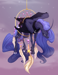 Size: 1462x1900 | Tagged: safe, artist:dementra369, imported from derpibooru, princess luna, alicorn, pony, adorable distress, alternate design, angry, annoyed, cloven hooves, colored, commission, commissioner:shaddar, curved horn, cute, dream walker luna, dreamcatcher, dreamcaught luna, feather, female, flowing mane, folded wings, funny, furrowed brow, horn, hybrid wings, luna is not amused, lunabetes, mare, missing accessory, peytral, solo, stuck, unamused, unshorn fetlocks, wings