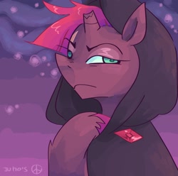 Size: 2048x2033 | Tagged: safe, artist:dmitrymemovznok, imported from derpibooru, tempest shadow, pony, unicorn, broken horn, clock, female, frown, horn, mare, solo