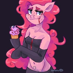 Size: 2048x2033 | Tagged: safe, artist:dmitrymemovznok, imported from derpibooru, pinkie pie, anthro, arm hooves, blood, clothes, cupcake, female, food, freckles, hooves, simple background, smiling, smirk, solo