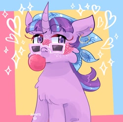 Size: 2048x2033 | Tagged: safe, artist:dmitrymemovznok, imported from derpibooru, starlight glimmer, pony, unicorn, bandana, bubblegum, chest fluff, curved horn, female, food, freckles, gum, heart, horn, looking at you, mare, sitting, solo, sunglasses