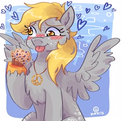 Size: 2048x2033 | Tagged: safe, artist:dmitrymemovznok, imported from derpibooru, derpy hooves, pegasus, pony, :p, blushing, chest fluff, food, freckles, heart, muffin, peace symbol, sitting, solo, spread wings, tongue out, wings