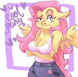 Size: 2048x2033 | Tagged: safe, artist:dmitrymemovznok, imported from derpibooru, fluttershy, anthro, pegasus, arm hooves, breasts, busty fluttershy, cleavage, clothes, crossed arms, ear piercing, female, freckles, freckleshy, heart, piercing, solo, text