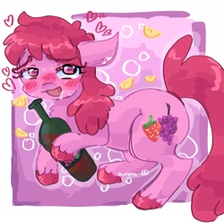 Size: 2048x2033 | Tagged: safe, artist:dmitrymemovznok, imported from derpibooru, berry punch, berryshine, earth pony, pony, alcohol, blushing, bottle, drool, drunk, floppy ears, go home you're drunk, heart, open mouth, solo