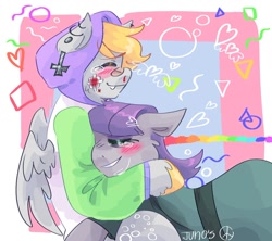 Size: 1280x1137 | Tagged: safe, artist:dmitrymemovznok, imported from derpibooru, derpy hooves, maud pie, earth pony, pegasus, pony, bandage, blood, blushing, clothes, cross, crying, cuddling, derpmaud, duo, ear piercing, female, heart, inverted cross, lesbian, piercing, shipping, smiling, vylet pony