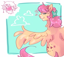 Size: 2048x1820 | Tagged: safe, artist:dmitrymemovznok, imported from derpibooru, fluttershy, pegasus, pony, alternate cutie mark, butterfly hairpin, heart, sitting, smiling, solo focus, spread wings, wings
