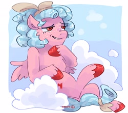 Size: 2048x1820 | Tagged: safe, alternate version, artist:dmitrymemovznok, imported from derpibooru, cozy glow, pegasus, pony, bow, cloud, female, filly, foal, freckles, hair bow, sitting, smiling, smirk, solo